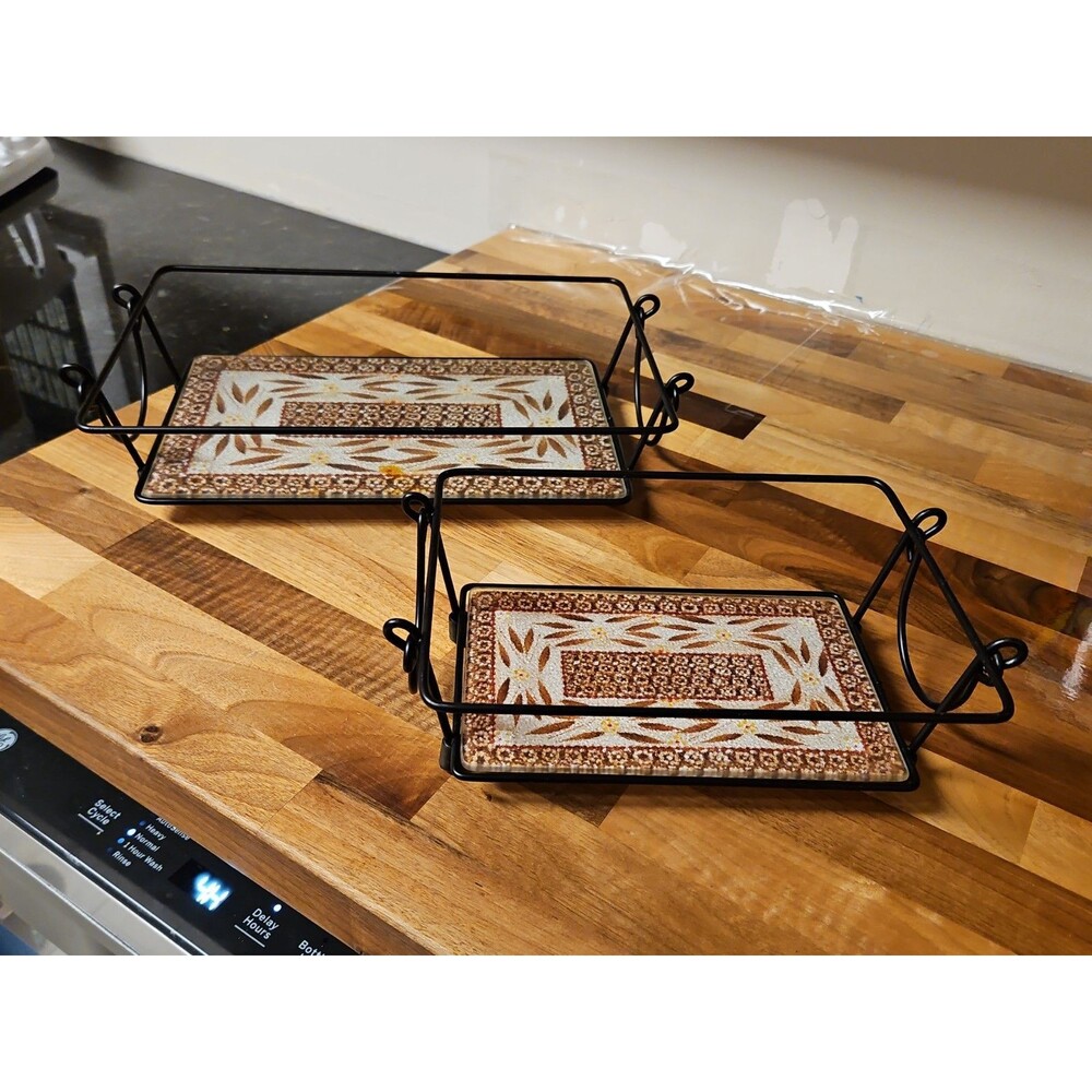 Set Of 2 Temptations By Tara Old World Brown Glass Trivets In Metal Holders